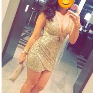 Gold sequin mini dress.